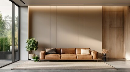 Modern living room with a sleek leather sofa, minimalistic decor, and large windows bringing in natural light. Accentuated by a potted plant and a soft, neutral rug for a cozy ambiance.