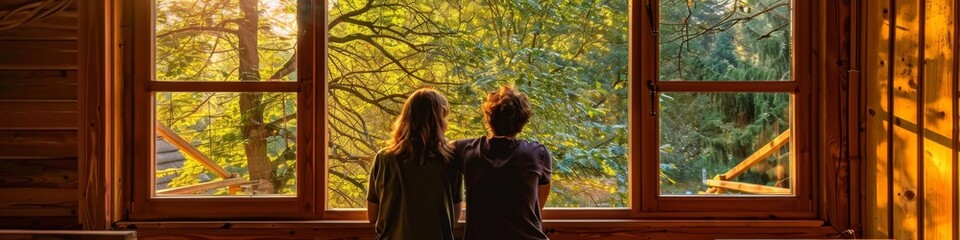 Fototapeta premium Romantic Valentine's Day Couple Enjoying a Scenic View from a Wooden Cabin in the Dutch Forest, Capturing Love and Nature in a High-Resolution AI-Generated Wallpaper,love, vacation, woman, couple, peo