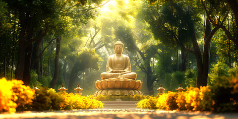 A golden Buddha statue sits peacefully in a lush, green forest garden, bathed in warm sunlight
