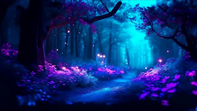 Neon fairy tale forest with luminous flowers, mystery path in dark magical woods, glowing plants and lights in wonderland.