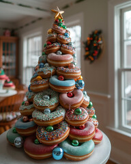 Glazed donuts arranged in a Christmas tree shape.
