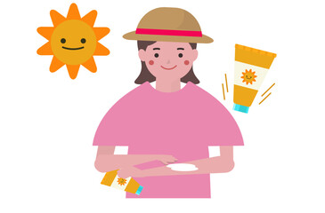 日焼け止めを塗る女の子。夏休み、外で遊ぶ。サンクリーンを塗る。ベクターイラスト