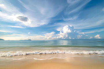 Fototapeta premium beautiful landscape summer vertical front viewpoint tropical sea beach white sand clean and blue sky cloud background calm nature ocean wave water travel sai kaew beach travel in thailand chonburi