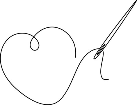 Line sewing needle with thread in heart shape. Love sewing and embroidery	