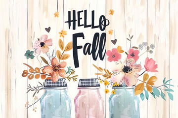 illustration jars with fall flowers, pastel colors, "hello fall" background, postcard