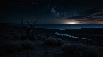 Naklejka premium Starry Night over Serene Landscape