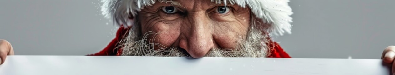 Modern Realistic Santa Claus Peeking from Behind a White Banner for Christmas Marketing Campaign, Highlighting Joy, Celebration, Gifts, and Surprise in a High-Resolution AI-Generated Wallpaper