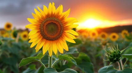 Obraz premium Beautiful Sunflower Field at Sunset with Vibrant Colors and Golden Sunlight