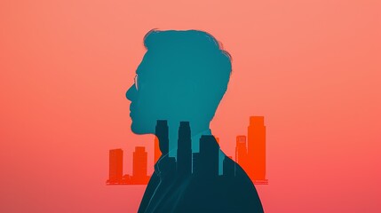 Silhouette of a metropolitan skyline blended with a double exposure of a mature businessman, representing experience and urban life. Clean and Clear Color, Realistic Photo, , Minimalism,