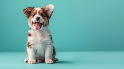 A happy Clownfish puppy sitting on a solid mint blue background with space above for text, illustration background