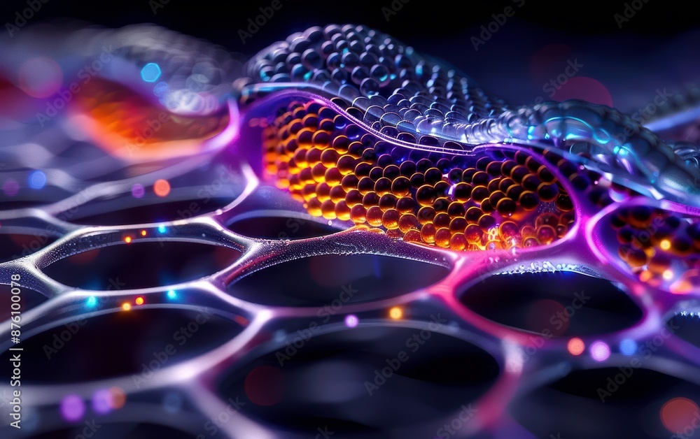 Poster abstract close-up of hexagonal metallic structure with vibrant purple and orange lighting, showcasin