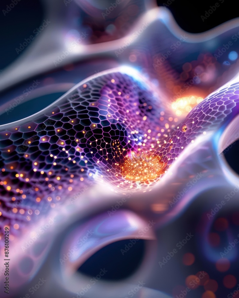 Poster abstract futuristic 3d rendering of geometric shapes with glowing particles, showcasing a vibrant an