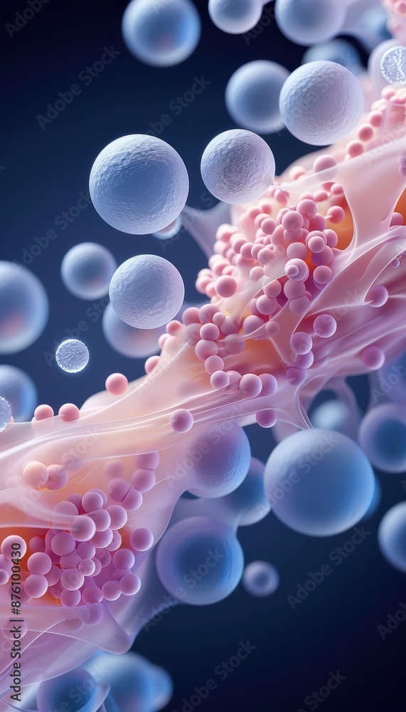 Poster abstract representation of molecular structures with spherical particles in a scientific, futuristic