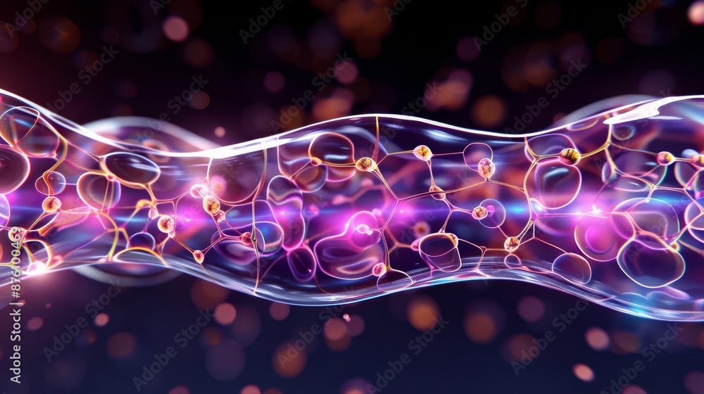 Poster abstract representation of quantum entanglement with glowing particles and interweaving waves, showc