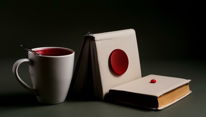 A book with a red dot on it and a cup with a red handle 