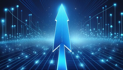 Naklejka premium A blue arrow is on a blue background with a lot of glowing lights 