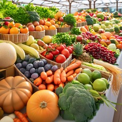 A colorful assortment of fruits and vegetables are displayed on a table 