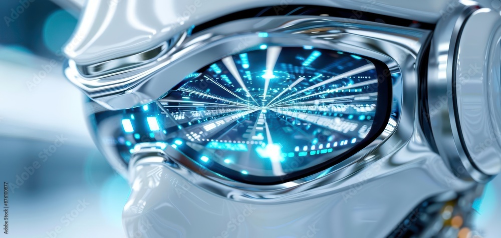 Poster close-up of a futuristic robot's face, highlighting sleek metallic design and illuminated circuitry 