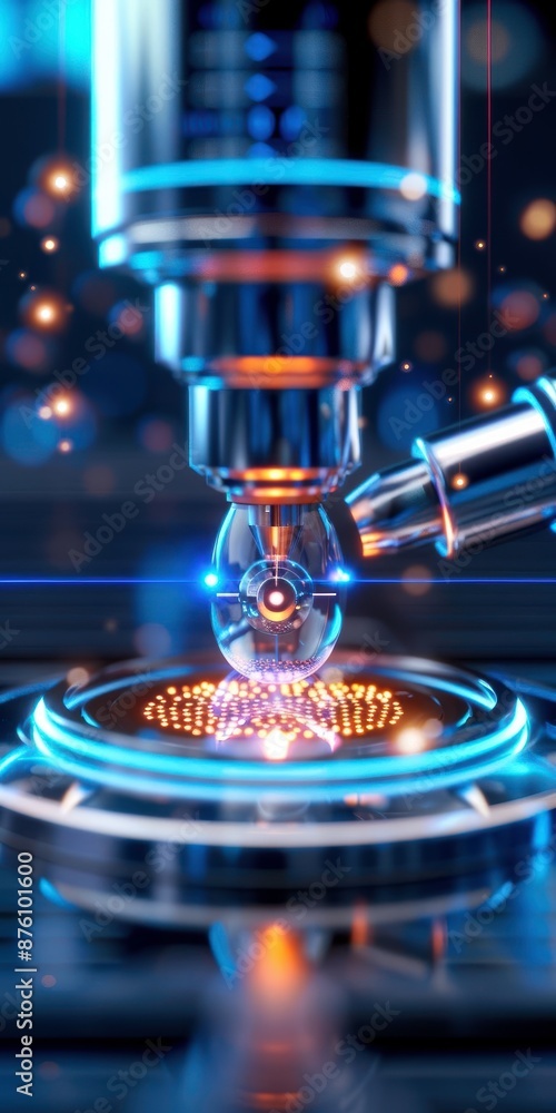 Poster close-up of a high-tech microscope analyzing a nanotechnology sample with glowing particles and prec