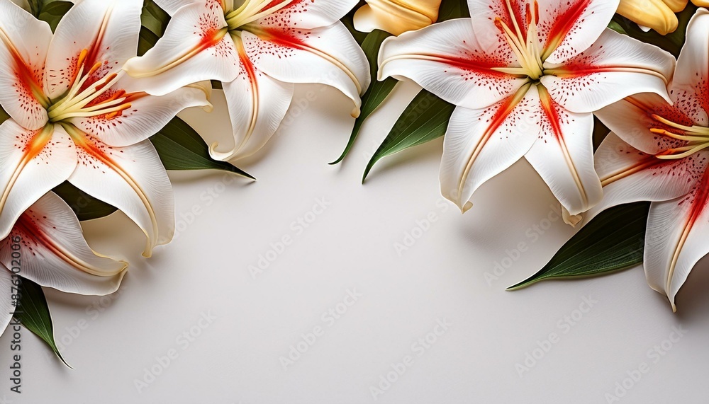 Wall mural Beautiful lilies on white background, top view 