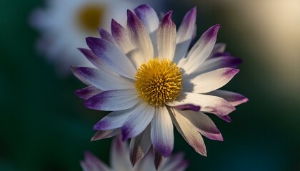 Beautiful macro photography of an abstract flower, with white and purple petals and a yellow center, with a blurred background 