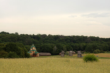 Obraz premium The countryside summer landscape with grass and houses