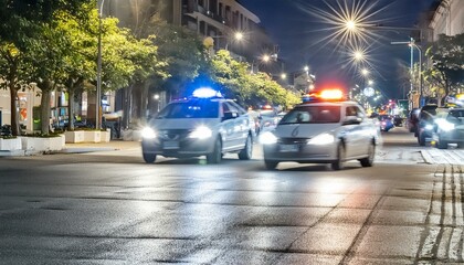 Blurred view of police cars on street at night 
