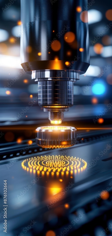 Poster close-up of advanced laser machine engraving a metallic surface with precision and intricate details