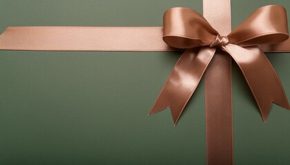 Bright satin ribbon with bow on green background, top view 