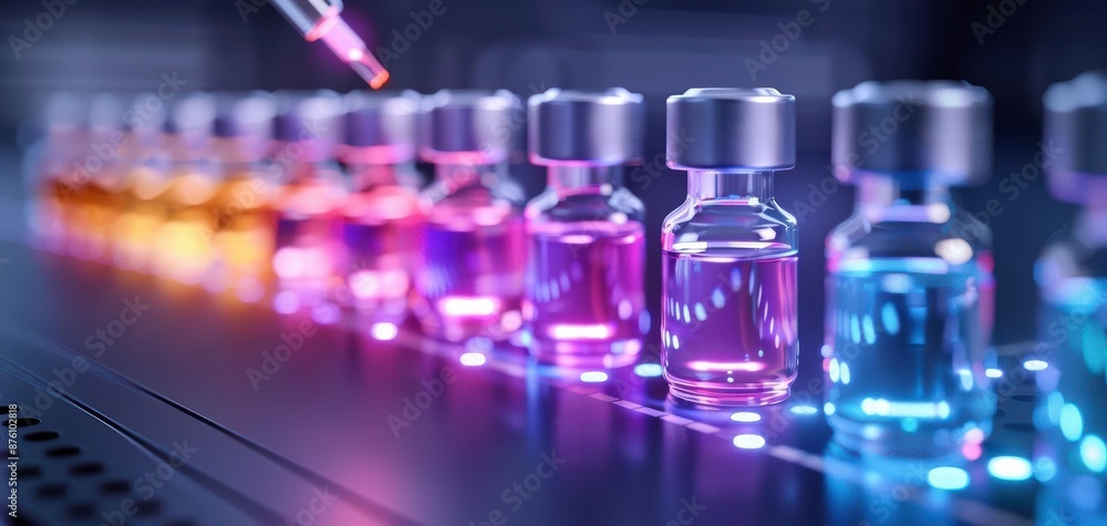 Poster close-up of colorful liquid in vials with a pipette adding liquid, representing scientific research 
