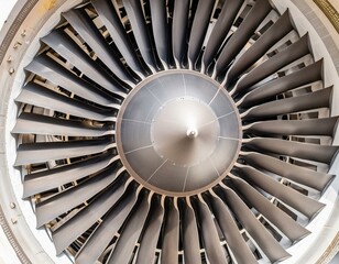 Close-up of a jet engine turbine with intricate metallic blades, showcasing industrial machinery and aviation technology. 