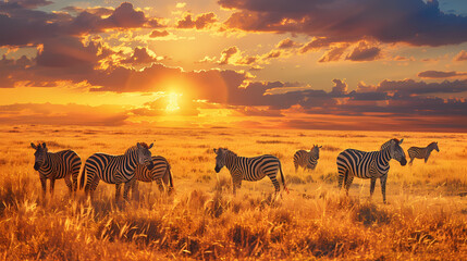 Fototapeta premium Zebras in the African savanna against the backdrop of beautiful sunset. Serengeti National Park. Tanzania. Africa