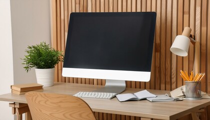 Fototapeta premium Comfortable workplace with computer near wooden wall in stylish room interior. Home office design 