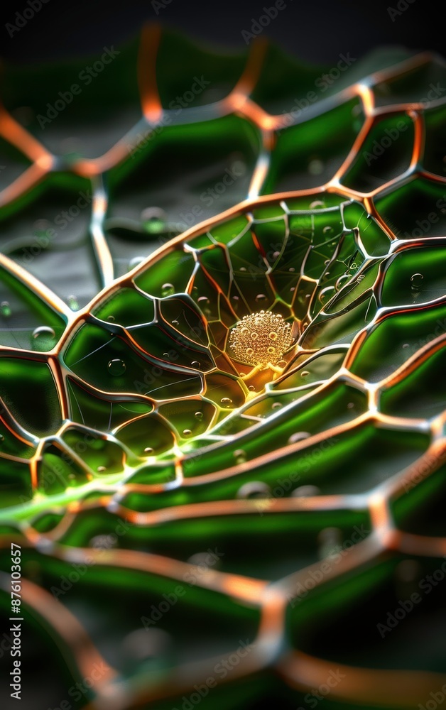 Poster close-up of intricate green and gold abstract fractal pattern with droplets, creating a mesmerizing 