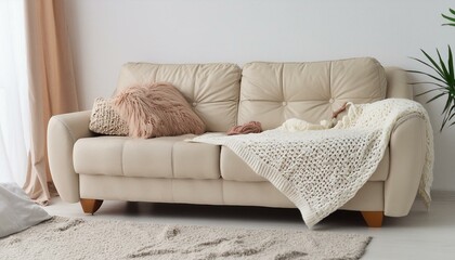 Cozy living room interior with beige sofa, knitted blanket and cushions 