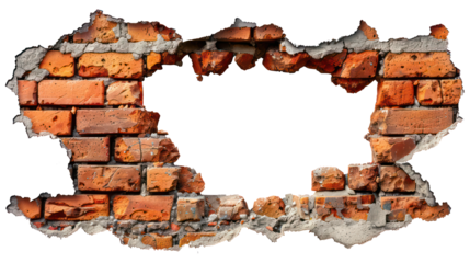 Destruction cracked hole brick wall in stone wall. Close up various a broken hole textured pieces, explosion, cracked brick wall, bullet hole, isolated on background
