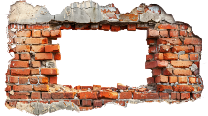 Destruction cracked hole brick wall in stone wall. Close up various a broken hole textured pieces, explosion, cracked brick wall, bullet hole, isolated on background