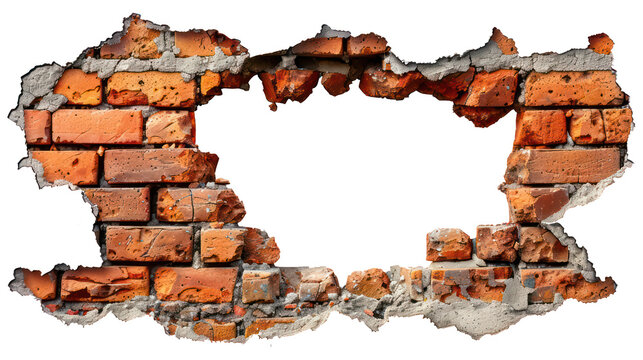 Destruction cracked hole brick wall in stone wall. Close up various a broken hole textured pieces, explosion, cracked brick wall, bullet hole, isolated on background