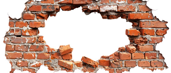 Destruction cracked hole brick wall in stone wall. Close up various a broken hole textured pieces,...