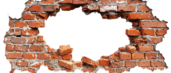 Destruction cracked hole brick wall in stone wall. Close up various a broken hole textured pieces, explosion, cracked brick wall, bullet hole, isolated on background