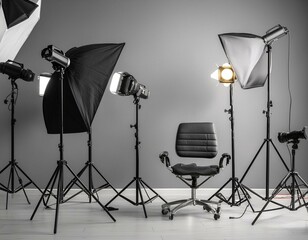 Grey photo background and professional lighting equipment in studio. Space for text 