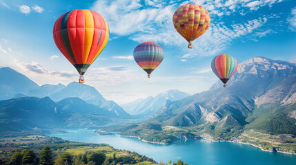 Fototapeta premium Colorful hot air balloons floating over a picturesque valley. In the sky