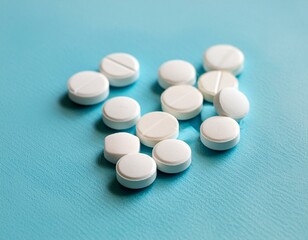 Many antibiotic pills on light blue background, closeup 
