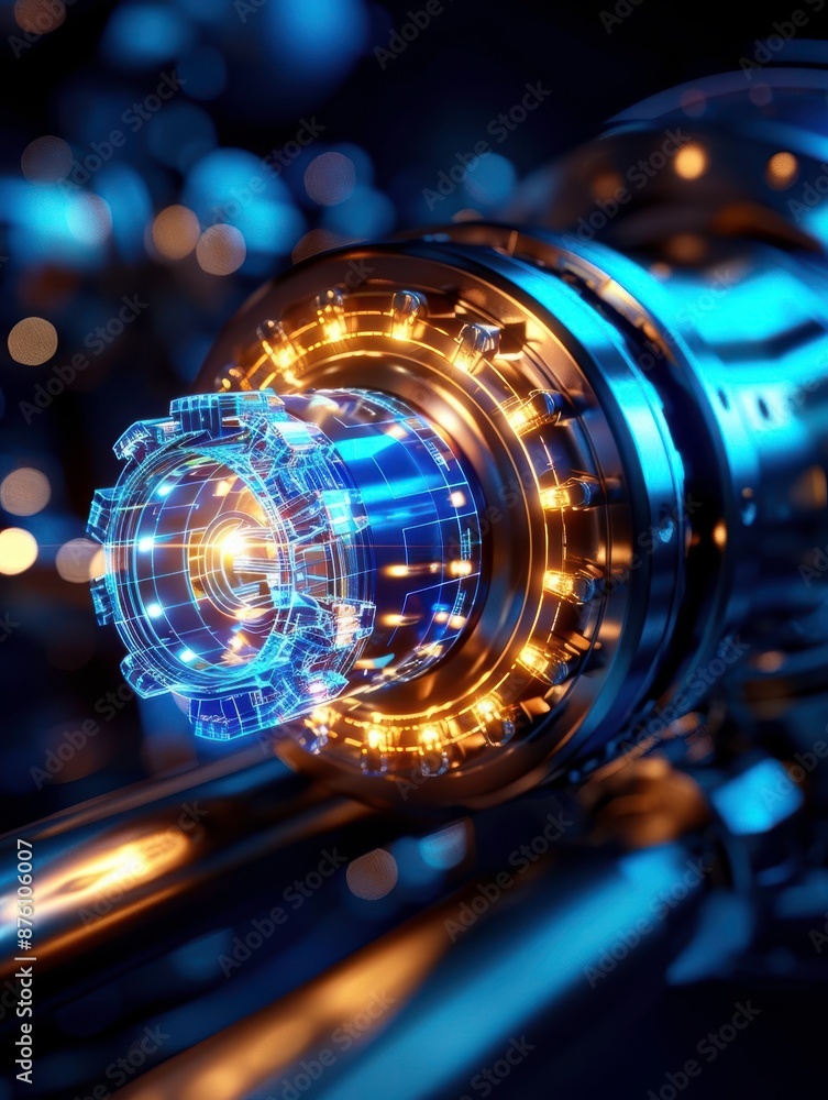 Poster futuristic mechanical device with glowing lights and intricate design, showcasing advanced technolog