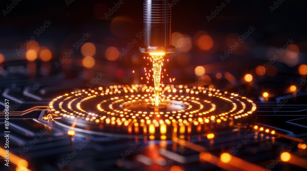 Poster futuristic microchip manufacturing, showing a close-up of a high-tech circuit board being processed 