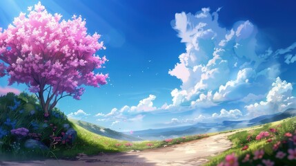 A scenic landscape with a vibrant pink tree, blue sky, and fluffy clouds, creating a serene and picturesque atmosphere.