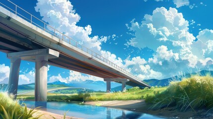 A serene bridge extending over a peaceful, clear river with lush greenery and blue sky filled with fluffy clouds in the background.