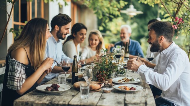 Diverse family enjoying a meal together, illustrating the evolution of family structures and the embrace of different family dynamics