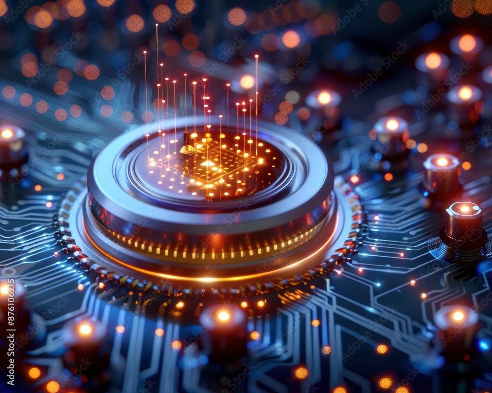 Poster futuristic microchip with glowing lights and intricate circuitry, symbolizing advanced technology an