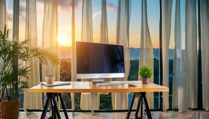 Modern computer on table in office interior. Stylish workplace 